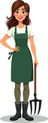 Illustration of a woman gardener in green apron holding a gardening fork for farming and agriculture