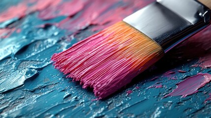 Fototapeta premium Close up of Paintbrush with Pink and Teal Acrylic Paint on Canvas