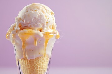 Melted ice cream cone with dripping honey-flavored syrup.