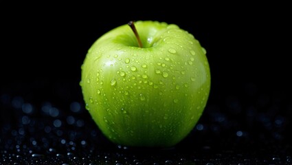 Closeup of a Green Apple Covered in Water Droplets on a Dark Surface