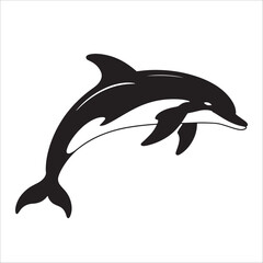 Fototapeta premium Jumping dolphin silhouette illustration in black and white, isolated marine animal vector art.