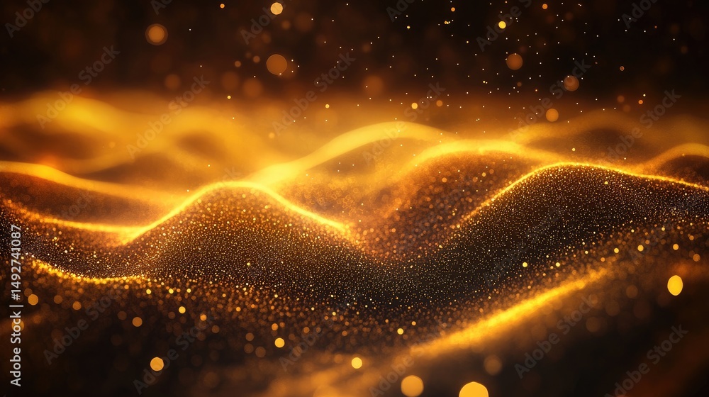 Poster a mesmerizing abstract image showcasing golden particles swirling gracefully through a dark backgrou