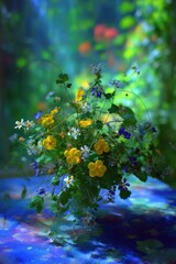 Floral Arrangement Still Life Photography of Yellow White and Blue Flowers on Tabletop with Green Background