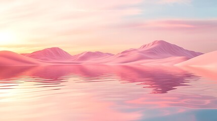 Soft pink mountain range with water reflection under a tranquil sky
