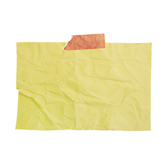 yellow crumpled sticky note with paper tape isolated on white background 
