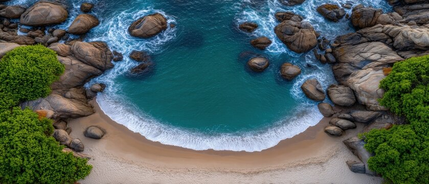 Aerial view of a serene beach coastline surrounded by lush foliage rocky formations and turquoise water capturing the essence of coastal tranquility and natural beauty
