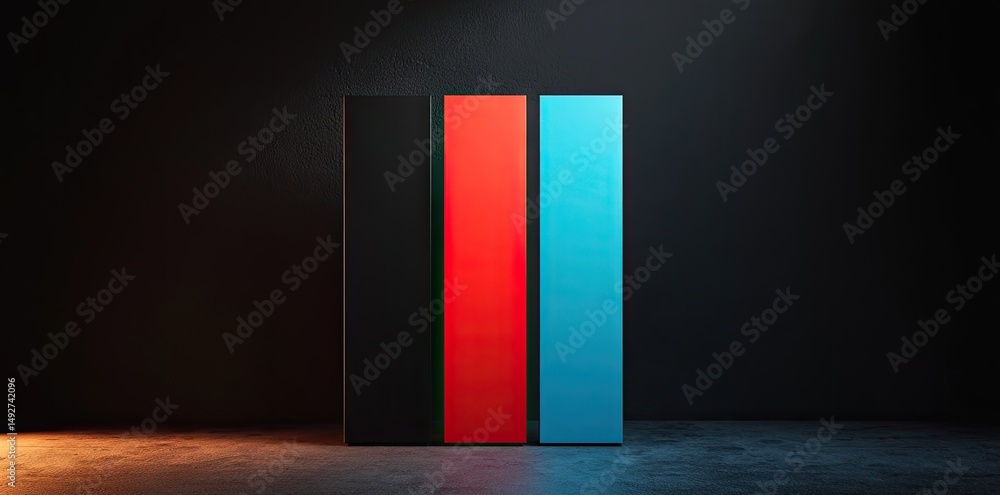 Poster two tall. sleek blocks in contrasting colors of red and blue stand prominently in a dimly lit indust
