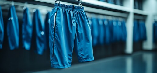 Blue athletic shorts on clothing rack