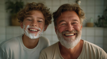 Father and son playfully mimic shaving in a modern bathroom