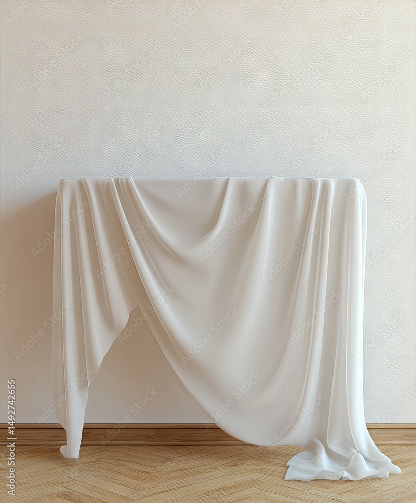 Poster a pristine white table draped with a smooth fabric. set against a minimalistic wall. creating a sere