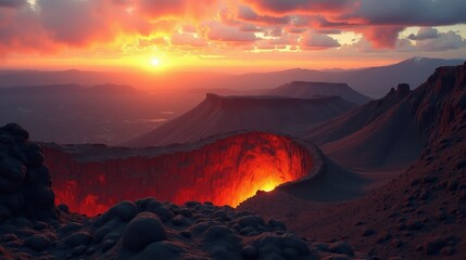 Stunning photo of Timanfaya, Spain, at dawn with sunny weather, shot from a panoramic view.