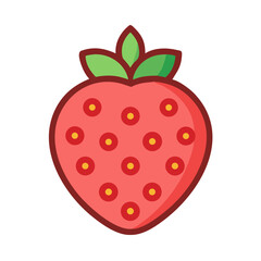 Flat strawberry illustration with leaves and seeds on black