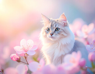 A cute fluffy cat sitting in a field of blooming pink flowers, soft pastel colors