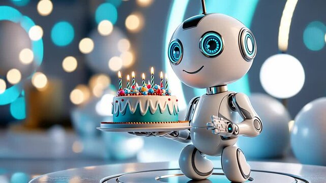 Adorable robot holding birthday cake with candles in futuristic setting.