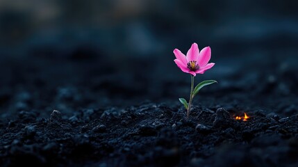 A single pink flower glows softly amid dark embers, radiating resilience and beauty in the night stillness