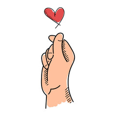 Hand showing heart gesture vector isolated. Hand-drawn illustration of fingers showing cute symbol, love emotion. Doodle palm of hand.