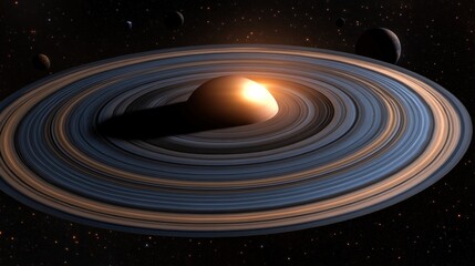Obraz premium Glowing planet with prominent rings and orbiting celestial bodies