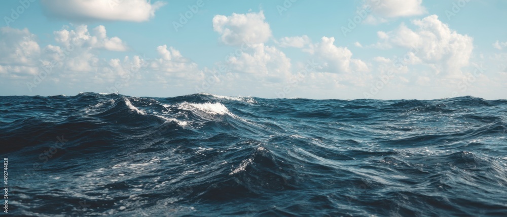 Poster open ocean waves rolling under a cloudy sky wide angle view of the sea surface in motion