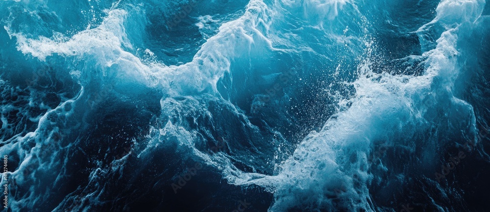 Poster A mesmerizing close-up view of turbulent ocean waves. capturing the dynamic movement of water with splashes and reflections. set against a serene blue backdrop