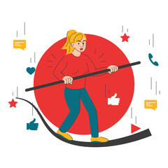 Social media overload vector isolated. Woman walking the tightrope with a pole. Concept of being overwhelmed by mobile notification excess. Media fatigue.