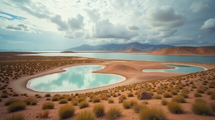 Obraz premium Detailed photo of Ses Salines Natural Park, Spain, at midday with cloudy skies, viewed from a panoramic angle.