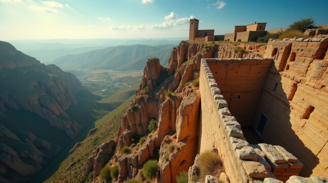 Aerial shot of Gudar Javalambre in Spain at midday, under sunny skies with expansive views of the green valleys and hills.
