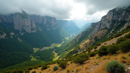 Naklejka premium Cloudy midday in Sierra del Rincon, Spain, photographed from above, revealing the vast, serene landscape.