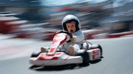 A baby is driving a kart on a racetrack