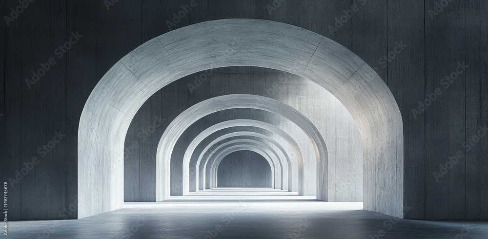 Poster a vast. minimalist architectural space featuring a series of elegant arches. illuminated by soft nat
