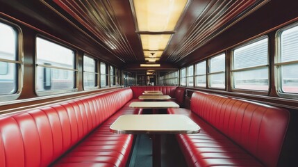 Fototapeta premium Luxurious interior of a vintage train carriage featuring rich red leather seating. ornate wooden paneling. and warm lighting. set against a backdrop of modern city architecture
