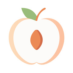 Flat design peach section with seed and leaf on black