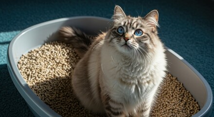 A stunning cat with mesmerizing blue eyes gazes up from its litter box, elegant and alert.