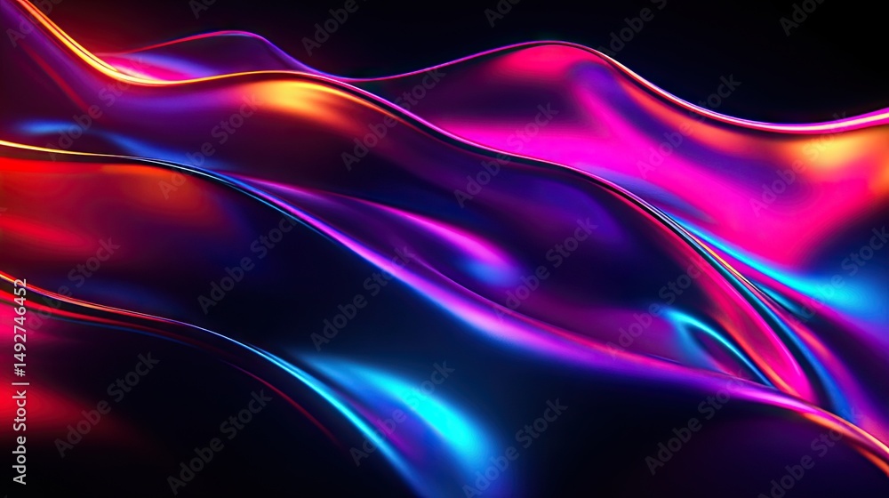 Poster a vibrant and flowing abstract representation of light waves in shades of pink. purple. and blue. cr