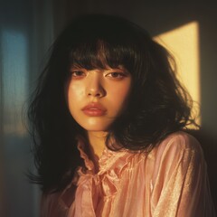 This striking portrait features a beautiful Asian woman with flowing dark hair, bathed in warm light from a nearby window. She gazes thoughtfully with an elegant expression