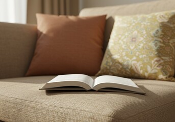 An open book rests peacefully on a sofa, surrounded by soft pillows and warm natural light.