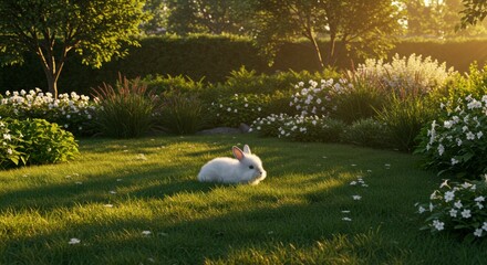 Fluffy bunny in sunlit garden