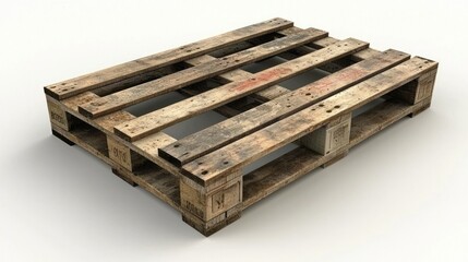 A weathered wooden pallet, showing signs of use and age, sits on a white background