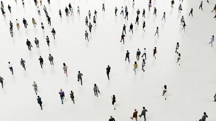 Business people walking and running on a white background, seen from above