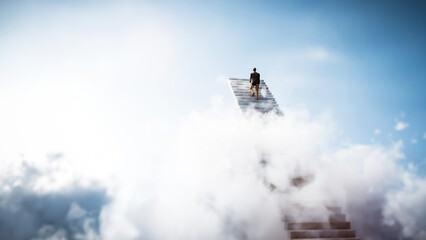 Fototapeta premium Businessman walking up stairs leading to bright light above clouds, representing success, ambition, and spiritual journey