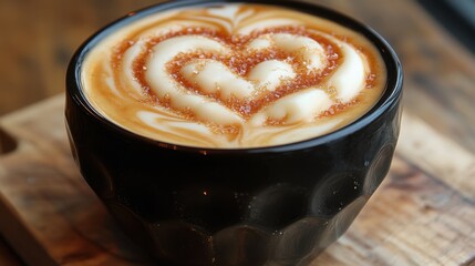 Delicious Latte Art Coffee Drink in Black Cup Brown Sugar Heart Design