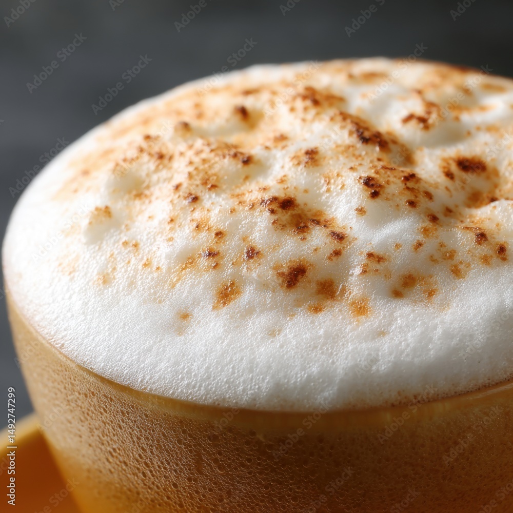 Poster frothy cappuccino close up shot in warm light showcasing delicate cinnamon dusting on top of the foa