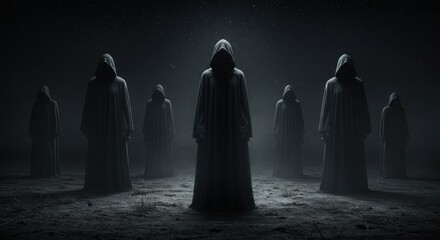 Seven hooded figures stand in a field beneath a starlit sky, creating a mysterious and chilling scene.