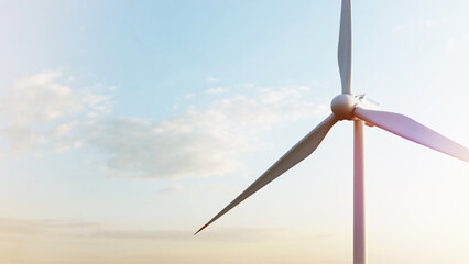 Wind turbine rotating and generating clean energy under a cloudy sky at sunset