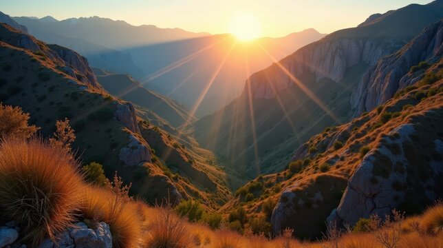 A sunny dawn view of Sierra del Sueve in Spain, photographed from above, revealing the scenic mountain landscape.