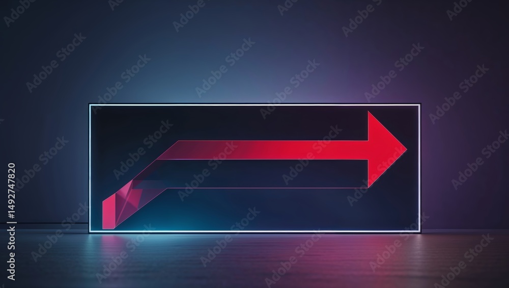 Poster bright red arrow on a glowing background indicating direction in a modern setting during evening hou