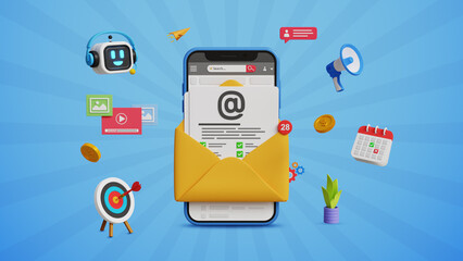 Email marketing campaign, email automation, subscription, newsletter or online announcement concept. Business automation and digital advertising concept. 3D smartphone with Email and marketing icons