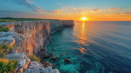 tranquil clifftop view of calm sea with warm sunset lighting rocks