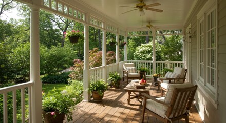 Cozy porch with comfortable seating, flower pots, and a beautiful view of the lush backyard.