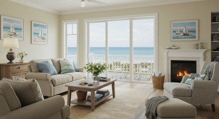Inviting living room with an ocean view, cozy fireplace, and elegant interior design.