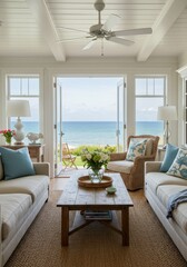 Fototapeta premium An inviting living room with views of the ocean, decorated with coastal charm and style.